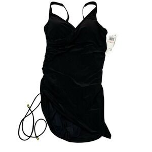Beyond Control Swimsuit Womens 10 Black Skirted Crossover Ruched Sides Slimming